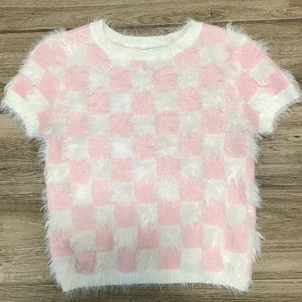 F21 Women’s Pink Pastel & White Squares Casmere blend Short Sleeve 👚 Pullover